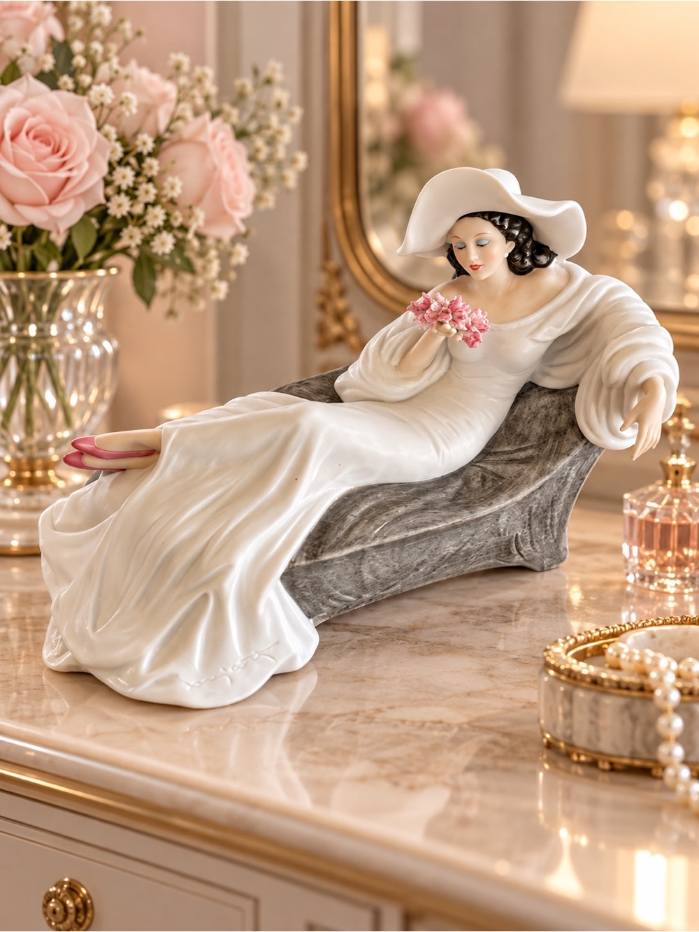 Sculpture The Heirloom Tradition Louis Icart 1937 Parfum de Fieurs woman on Sofa